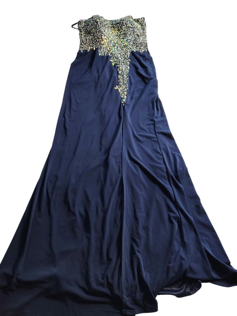 Crystal Doll Womens Navy Blue Beaded Maxi Dress Size 3  Formal Gown Sparkling